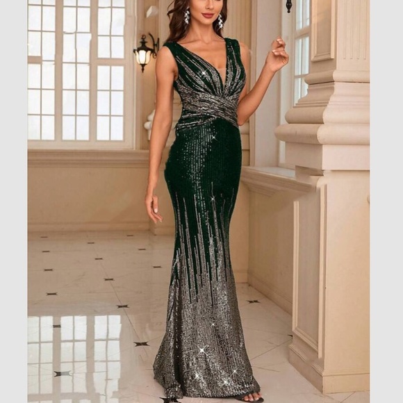 Luxe V neck party formal evening sequins gown dress - Picture 6 of 7